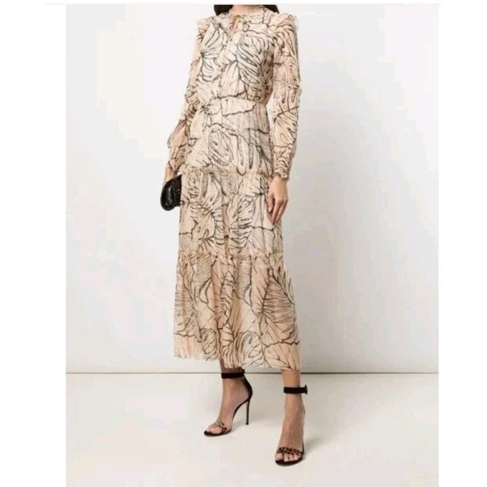 Marchesa Notte‎ Ruffle Trim Leaf Print Dress Women's Size 2 Long Sleeve Tiered